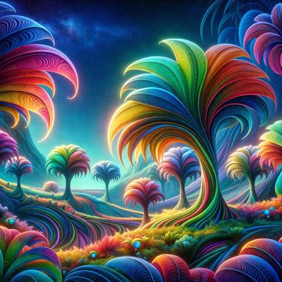 The primary subject of the image is a vibrant and colorful landscape featuring a forest of trees with colorful leaves. The setting is a lush, green hillside with a blue sky in the background. The visual style is a digital art or illustration, creating a whimsical and imaginative atmosphere. The colors and mood are predominantly bright and cheerful, with a sense of wonder and fantasy.